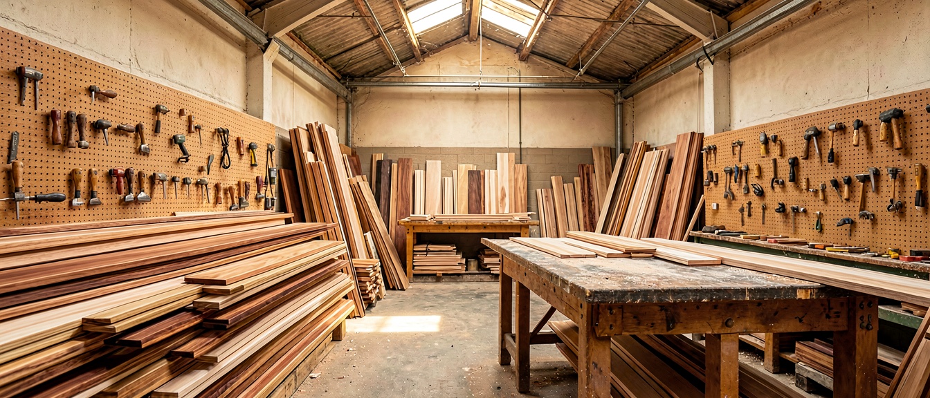 Northwind Flooring workshop interior — stacks of raw hardwood and skylit benches